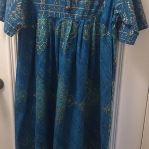 Womans Teal Blue Patterned Dress with Gold Accents